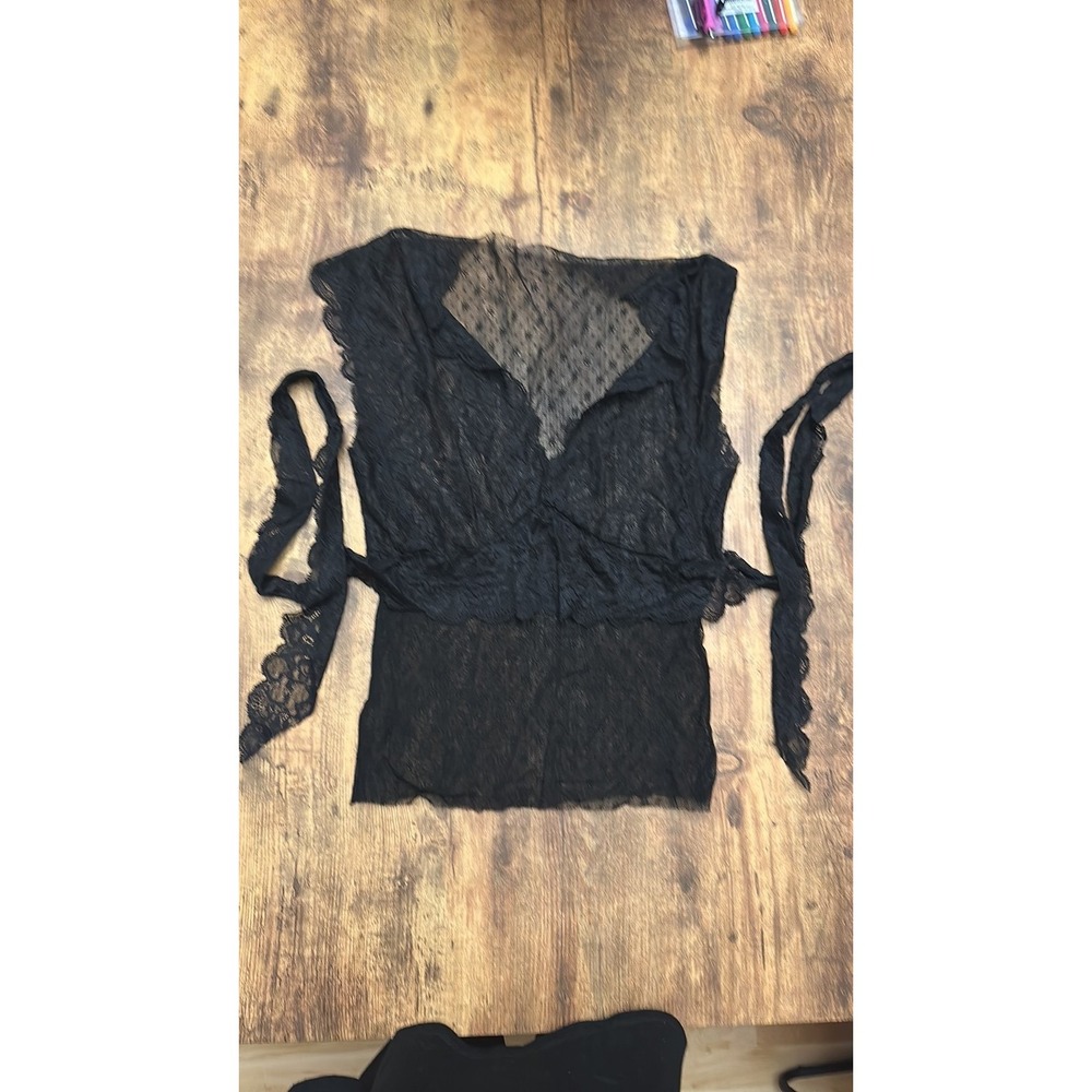 Vintage Y2K Women's Sheer Black Lace Wrap Blouse with Scalloped Trim
